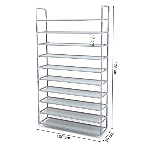 Songmics XXL 10 Ebenen Schuhregal Schuhständer, Stahlrohre (Φ16 mm), stabil Schuhschrank Schuhablage für 60 paar Schuhe grau 100 x 29 x 175 cm LSR10G - 3