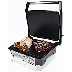 Dalkyo Sogo MB-30 Panini Grill, grill électrique 2000 W, surface de 28 x 22,5 cm, avec plaques antiadhésif et 180º ouvert, acier inoxydable, couleur : argent