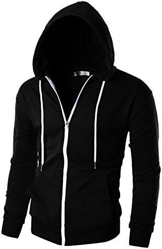 Ohoo Men's Slim Fit Long Sleeve Lightweight Zip-up Hoodie with Kanga Pocket /DCF002-BLACK-3XL