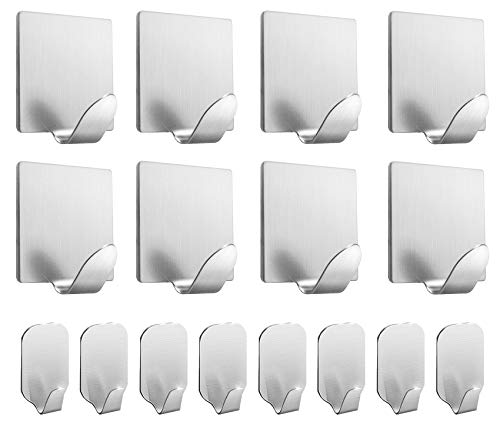 Ganchos Adhesivos de Acero Inoxidable, Fuerte Gancho Adhesivo de Pared para Baño/Cocina, 8 Grandes, 8 Pequeños - SIN Taladrar, SIN Dejar Rastro Tras Eliminación, Impermeable, Handy Picks (Pack de 16)