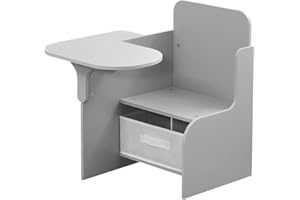 NICEME Kids Chair Desk with Storage Basket, Kids Chair with Table Attached, Children Deskchair Small Training Chair with Writing Pad for Home Classroom (Grey) (‎001)