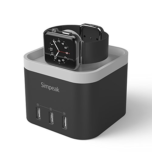Simpeak Apple Watch Station de Recharge iPhone Station avec 4 USB Port Chargeur Station [Nightstand Mode] pour Apple Watch Série 2/ Apple Watch Série 1/ Apple Watch Nike+/ iPhone 7 Plus/ iPhone 7/ iPhone 6 Plus/ iPhone 6/ iPhone 6s Plus/ iphone 6s/ iPhone SE et autres Smartphones, iPad 