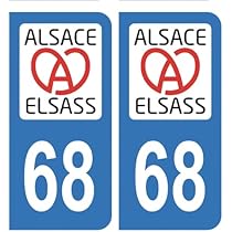 Lot De 4 Autocollants Plaque Immatriculation – Département 68 Haut-Rhin (Alsace) – Adhésif Haute Tenue – Facile à Poser