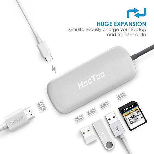 HooToo USB-C Hub Type-C Hub mit drei USB 3.1 Gen 1 Anschlüssen, HDMI, SD-Kartenleser (Stromversorgung für type-c Aufladung, Plug und Play, Aluminiumlegierung) für 2016 Macbook und Chromebook Pixel, Silber - 2