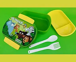 GoDazzl Airtight Lock and Fit Lunch Box for Kids with Extra Layer Separator for Container, Cartoon Print Tiffin Snack Box with Fork and Spoon for Girls and Boys for School, Food Grade (Multi Color)