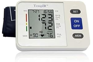 Upper Arm Digital Blood Pressure Monitor with Voice Output, Robust, Professional, Digital. Adjustable Cuff. Pulse Diastolic Systolic and Hypertension Level. Time, Date, Memory CE Approved. by TempIR