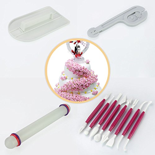 Auralum® 11-teilig Kuchendekorationswerkzeuge, Modellierset – Zuckerkunst, Torten-Set Modellierwerkzeug, Teigglätter/-messer/-roller für Torten, Kuchen und Deko (Rosa) - 4