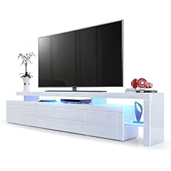 Meuble TV Bas Leon V3, Corps en Blanc Haute Brillance/Façades en Blanc Haute Brillance avec Une bodure en Blanc Haute Brillance