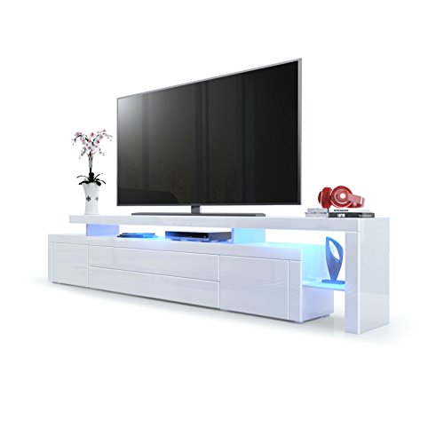 Meuble TV Bas Leon V3, Corps en Blanc Haute Brillance/Façades en Blanc Haute Brillance avec Une bodure en Blanc Haute Brillance