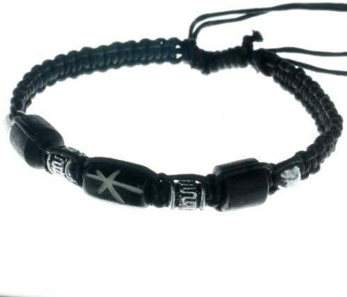 Black cotton string silver color beads bone middle and 2 wooden side beads B2 bracelet anklet