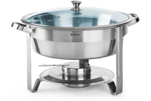 HENDI Chafing Dish, Rund, mit Glasdeckel mit einem Brennpastenbehälter und Lebensmittelpfanne, Warmhaltebehälter, Speisewärmer, Behälter, Silber, 3,5L, ø390x(H)270mm