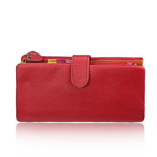 DcSpring Portafoglio in Vera Pelle Porta carte di credito Lungo Portamonete Elegante Pochette Grande Capacità Cerniera per Donna (Rosso)