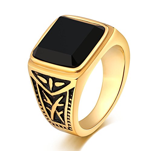 AdisaerMens Stainless Steel Ring Engraved Pattern Side Black Opal Vintage Mens Rings SizeN 1/2-X 1/2