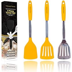 Jaune Spatule Silicone Set Turner - Ustensiles de cuisine en acier inoxydable et silicone résistant à la chaleur - 320C - Outils Spatula Grill pour BBQ - Flipper oeuf et crêpes - Boîte cadeau