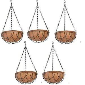 Antier Coir Hanging Round Basket 14 INCH 5 Pieces - Coco Gardening POTS with Stand - Flower POTS Hanger Garden Decoration Indoor Outdoor Water Hanging Baskets Plant Container