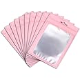 XFXIA 100 Pieces Mylar Bags, Resealable Smell Proof Bags with Clear Window 12cm*20cm Aluminum Foil Pouch Bag for Candy Food Lip Gloss Packaging |flat|cute| (Pink)