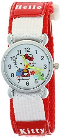 Timermall Hello Kitty Fashion Casual Cartoon Girls Children Red Nylon Band Velcro Strap Wrist Watch