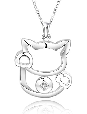 Silberne Halskette mit Katzen-Anhänger und Strass Zirkonia Kristall Geschenk Mädchen