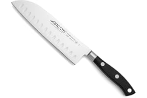 Arcos Cuchillo Santoku Acero Inoxidable. Cuchillo cocina profesional japonés cortar carne, pescado y verduras. Mango ergonómico polioximetileno y Hoja 180 mm. Serie Riviera. Color negro.