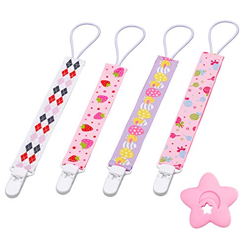 Cadena Chupete para Bebé Chupetero Mordedor de Silicona Soother Cadena de chupete Cuentas masticables Pack 4 Chupeteros de Colores Diferentes (rosa)