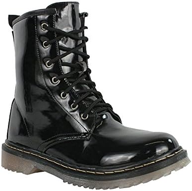 Ladies Vintage Lace UP Zip Patent Womens Ankle High Boots Punk Combat dms Shoes (UK 3, Black Patent)
