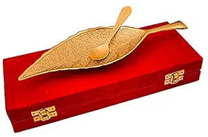AC ANAND CRAFTS Brass Decorative Gold Plated Leaf Platter with Spoon (Multicolour)