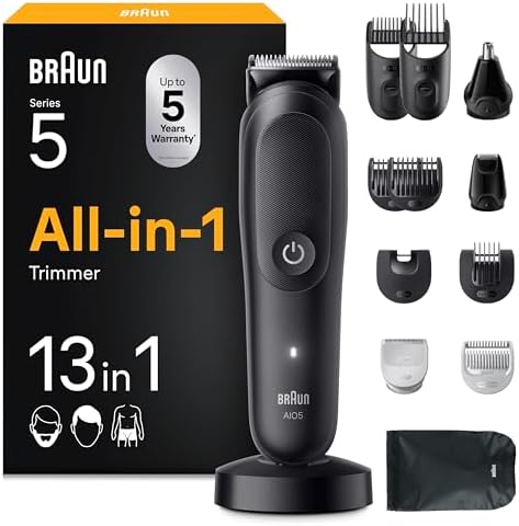 Braun Rifinitore All-in-One Series 5, Rasoio Elettrico Barba E Capelli 13In1, Taglia Peli Naso E Orecchie, Macchinetta Per Capelli, Lama ProBlade, Tecnologia AutoSense, Wet&Dry, AIO5565, Nero