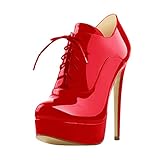  Onlymaker Damen Plateau Knöchelstiefel Ankle Boots Schnürstiefelette Stiletto Schnür Pumps Rot 40 EU