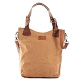  LECONI Henkeltasche Vintage Look Damentasche Handtasche Damen Shopper mit Schulterriemen Beuteltasche Canvas Leder 34x35x10cm cognac LE0054-C