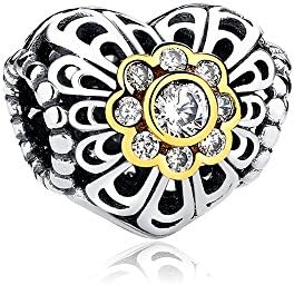 Heart Carved Charms Bead and Golden Flower and Crystal MIS 4443 V - Blue Pearls