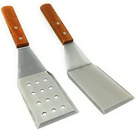 Del - Multifunctional Stainless Steel Turner/Spatula Set - Wooden Handle - Pierced &amp; Flat Blade - 2 Piece Set - 30 cm
