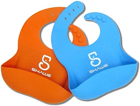 Waterproof Baby Bib by SHAWE, Premium Soft Silicone (Comfotable), easy cleaning &amp; quick drying, recycle, keep babies neat, away from stains (Bright Color- Green) (2 PACK(Orange&amp;Blue))