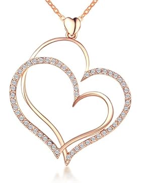 ITALINA Kette mit Doppel Herz Swarovski Elements Kristall Anhänger Rosé vergoldet 43+5cm Geschenke für Frauen