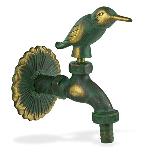 Stabilo-Sanitaer Nostalgie-Auslaufventil 1/ 2 Zoll, Garten Wasserhahn Antik Messing-patiniert mit Tiermotiv Vogel, Langem Wandabstand und massiver Wandrosette