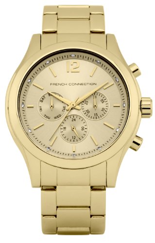 French Connection Unisex Quartz Watch with Gold Dial Chronograph Display and Gold Stainless Steel Bracelet FC1144GM