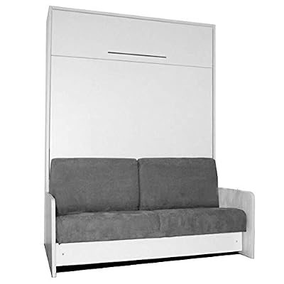 LEADER BED SPACE SOFA FAST armoire lit escamotable 140cm blanche avec canapé microfibre grise