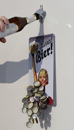 Wand-Flaschenöffner / orig. STARR-X-Öffner mit Magnetfalle / Fang-Magnet + Blech-Schild „Hurra Bier“ - 3