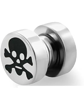 bkwear 1 Stück Fake Plug M173 kla Magnet Ohrring Skull 8 mm Edelstahl Silber Totenkopf - kein Ohrloch notwendig