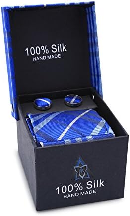 LanSilk Tie - Classic Necktie, Cufflink &amp; Handkerchief Selection, Premium Giftbox Set, Handmade 100% Silk: Tie+Hanky+Cufflinks (Blue Tartan Plaid Pattern)