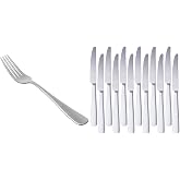 Amazon Basics - Square Edge Stainless Steel Table Knives - Pack of 12 & Table Forks - Rounded Edges - Stainless Steel - Pack of 12