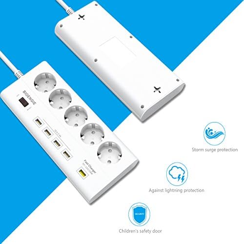 Bioengie 5?Surge Protector Power Strip with Multiple Sockets Quick Charge 3.0?with 5?USB Ports for Smartphones, Tablets and USB Ladende Devices 1.8?m Cable, EU Plug
