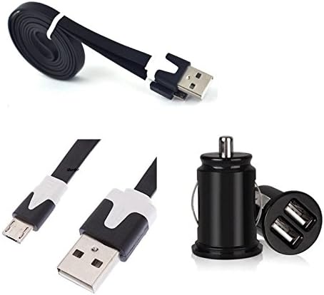 TheTransporterUK - 2M Extra Long (Black) Noodle Micro USB Data Sync Charger Cable + Dual Port Car Connector For Various devices Samsung Galaxy S5/S4/S3 Nokia Lumia HTC