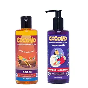 Cocomo Natural Kids Hair Care Combo: 12 in 1 Hair Oil + Moon Sparkle Shampoo - Paraben & Sulfate Free - Contains Coconut Oil, Olive Oil, Argan Oil, Tea Tree Oil & Neem (600 ml)