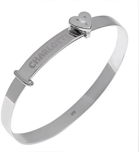 Personalised Sterling Silver Expander Baby BIRTHSTONE Bangle Heart Charm Bracelet - 925 Solid Silver (White Box) (April (Clear CZ))