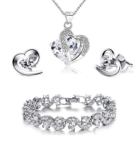 findout azul blanco collar de amatista colgante de cristal de color rosa roja corazón de la plata + pendientes pulsera conjunto, para las mujeres niñas. (F497)