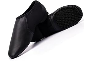 ISMUN Jazz Shoes Slip On Real Leather Black Jazz Shoes for Girls and Women, Split Sole with Neoprene in Center for Modern Sta