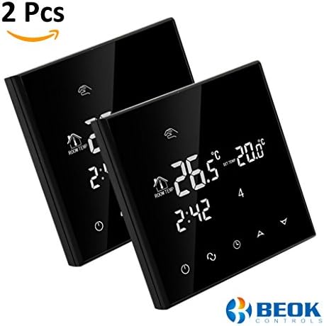 Beok TGT70-EP Programmable Digital Room Thermostat for Underfloor Electric Heating Temperature Controller with Touchscreen and Floor Sensor, AC230V 16A, Black, Pack of 2
