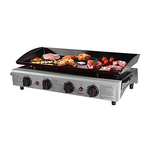 LIVOO DOC194 Fonte Émaillée | 4 Brûleurs INOX 10 KW | Barbecue Gaz, Plancha Extérieure, Grande Surface de Cuisson