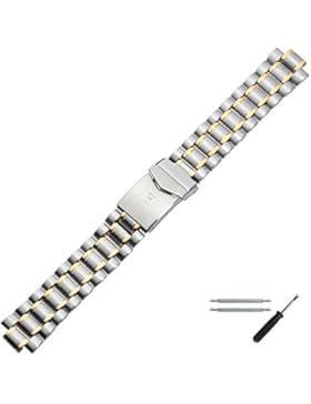 Uhrenarmband 20 MM Edelstahl - Inkl. Federstege / Werkzeug - Bicolor, Silber Matt / Gold Polierte Linien - Ersatzband...