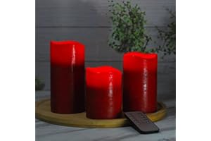 M Mirrowing Flameless Candles, Red Decorative LED Candle, Red Flameless Candle, Christmas Led Candle with Remote Control and Timer, Real Wax Candle Set of 3, Realistic Flameless Candle